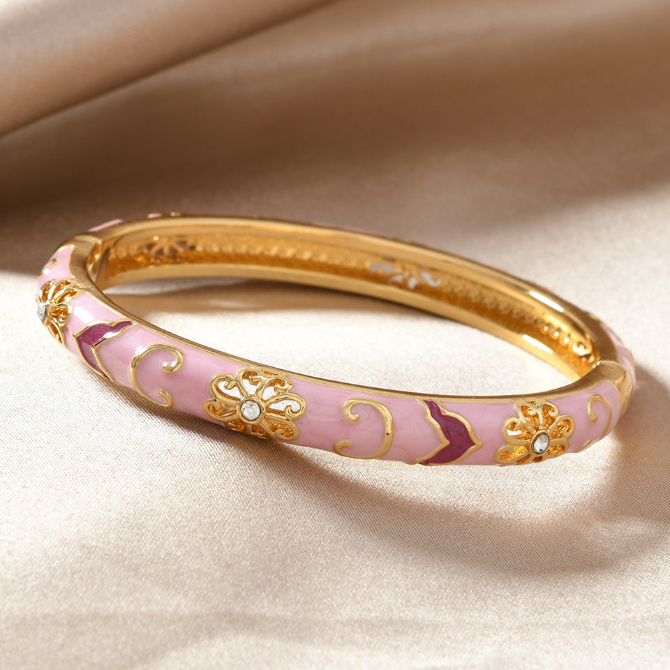 Floral Enamel Bangle Bracelet Set in pink — front view