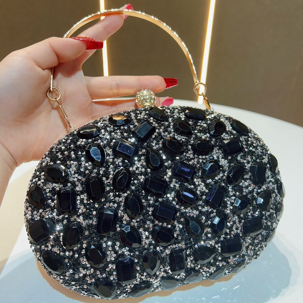 Seraphina crystal-bead evening clutch in black — three-quarter view
