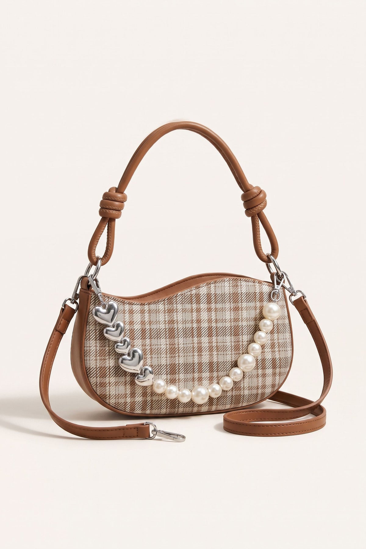 Amelie faux-pearl heart shoulder bag in brown — front view