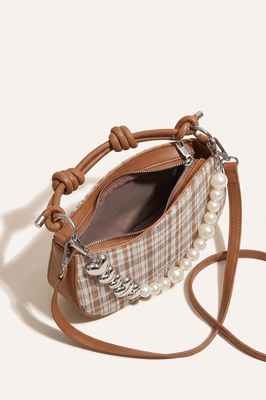 Amelie faux-pearl heart shoulder bag in brown — open view