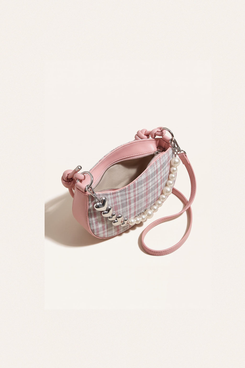 Amelie faux-pearl heart shoulder bag in pink — open view