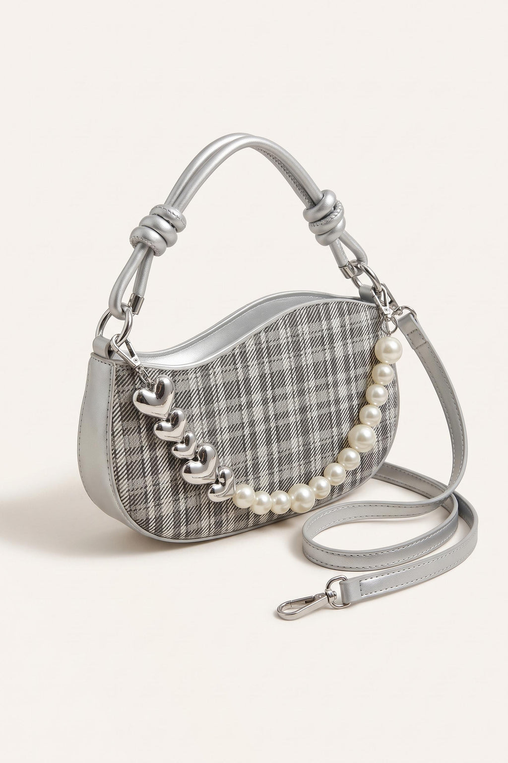 Amelie faux-pearl heart shoulder bag in silver — three-quarter view
