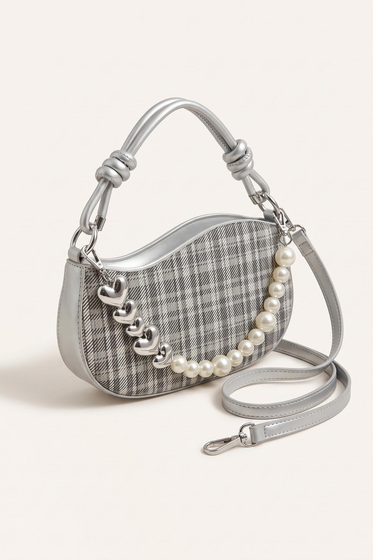 Amelie faux-pearl heart shoulder bag in silver — three-quarter view