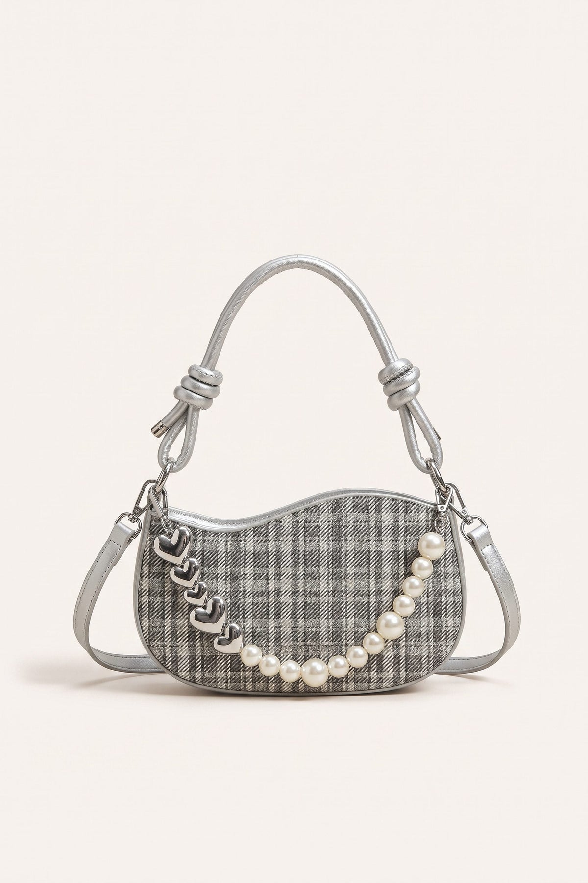 Amelie faux-pearl heart shoulder bag in silver — open view