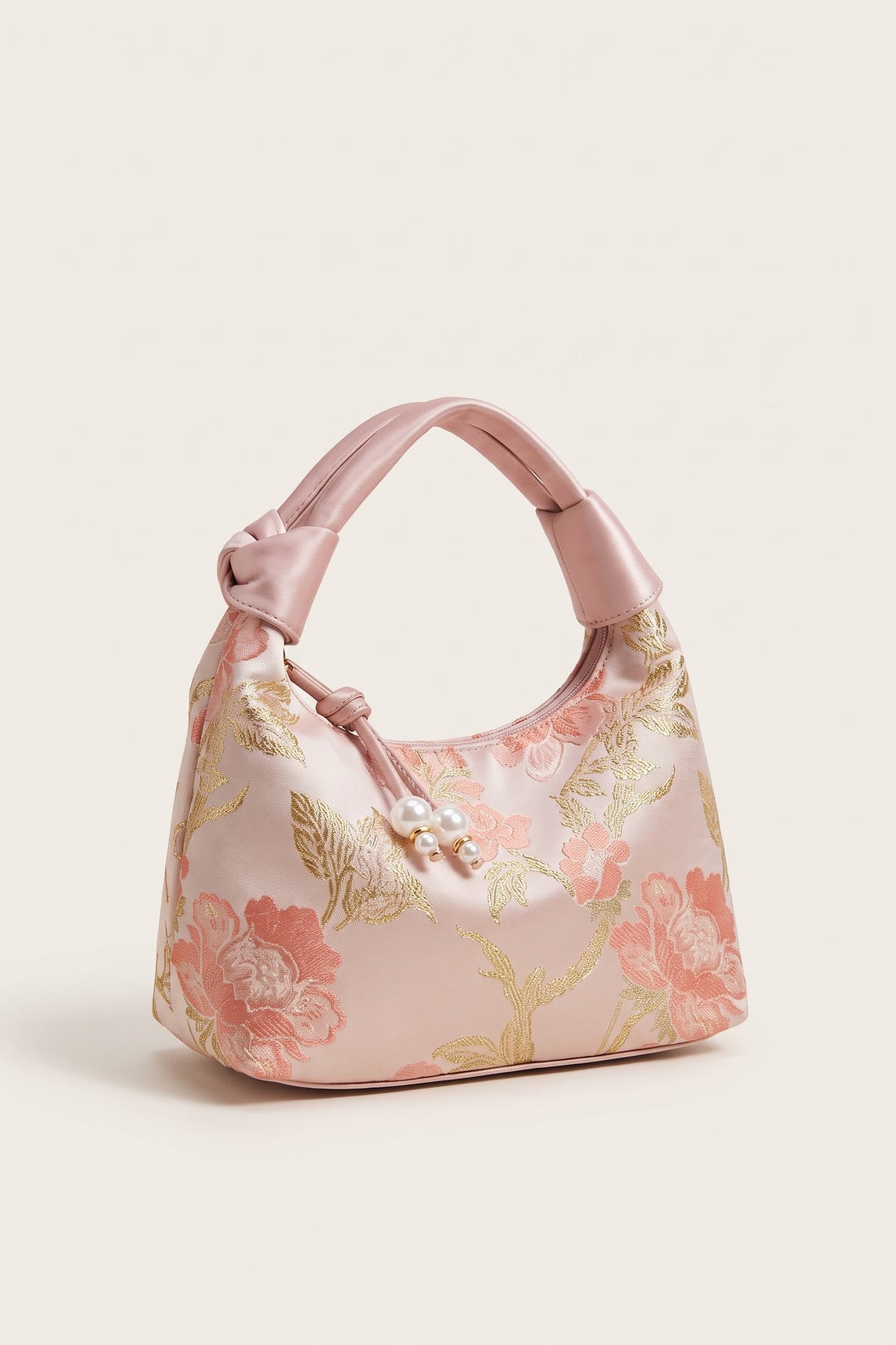 Camille blossom silk-look shoulder bag in light pink — front view