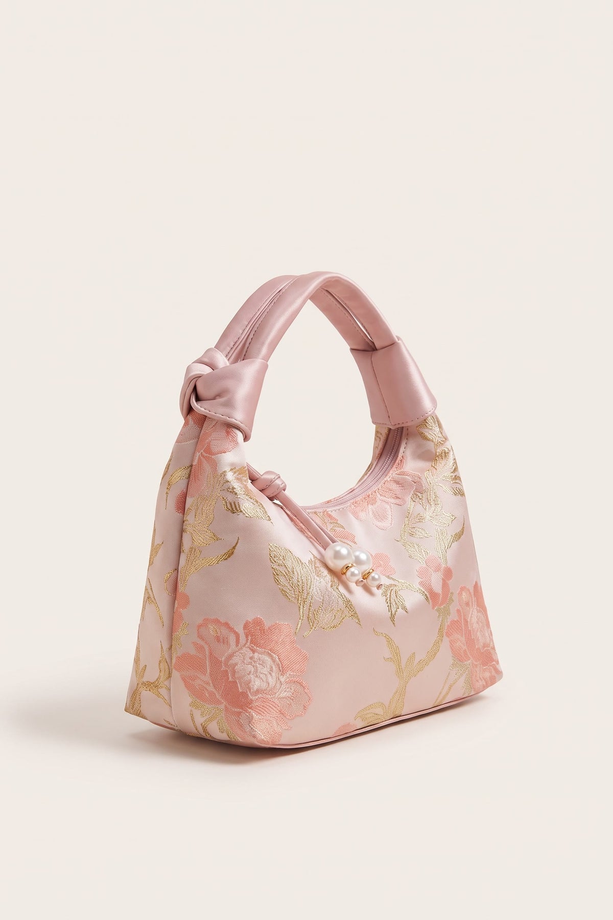 Camille blossom silk-look shoulder bag in light pink — three-quarter view