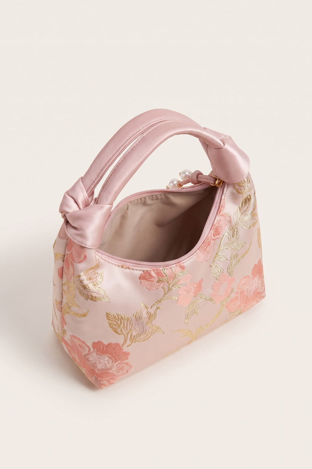 Camille blossom silk-look shoulder bag in light pink — open view