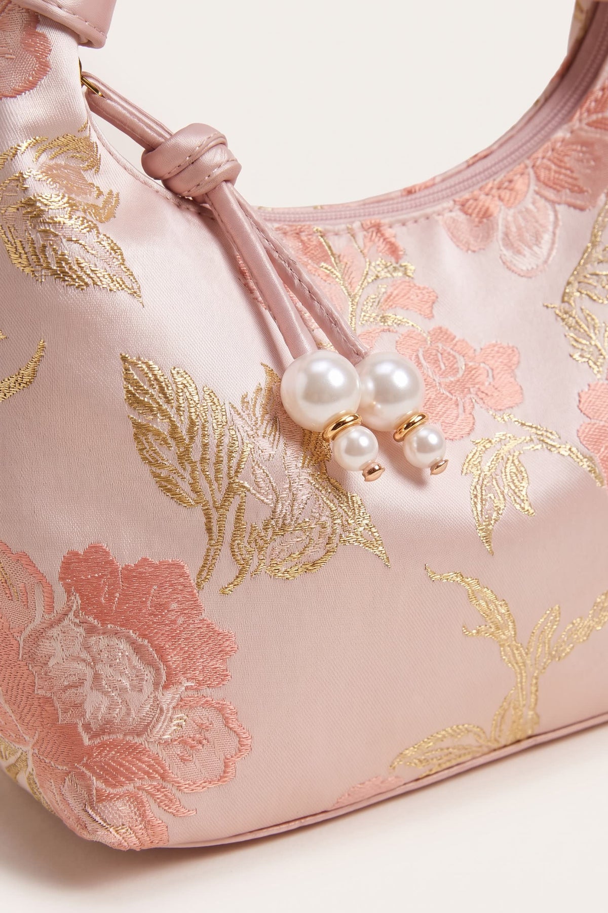Camille blossom silk-look shoulder bag in light pink — detail