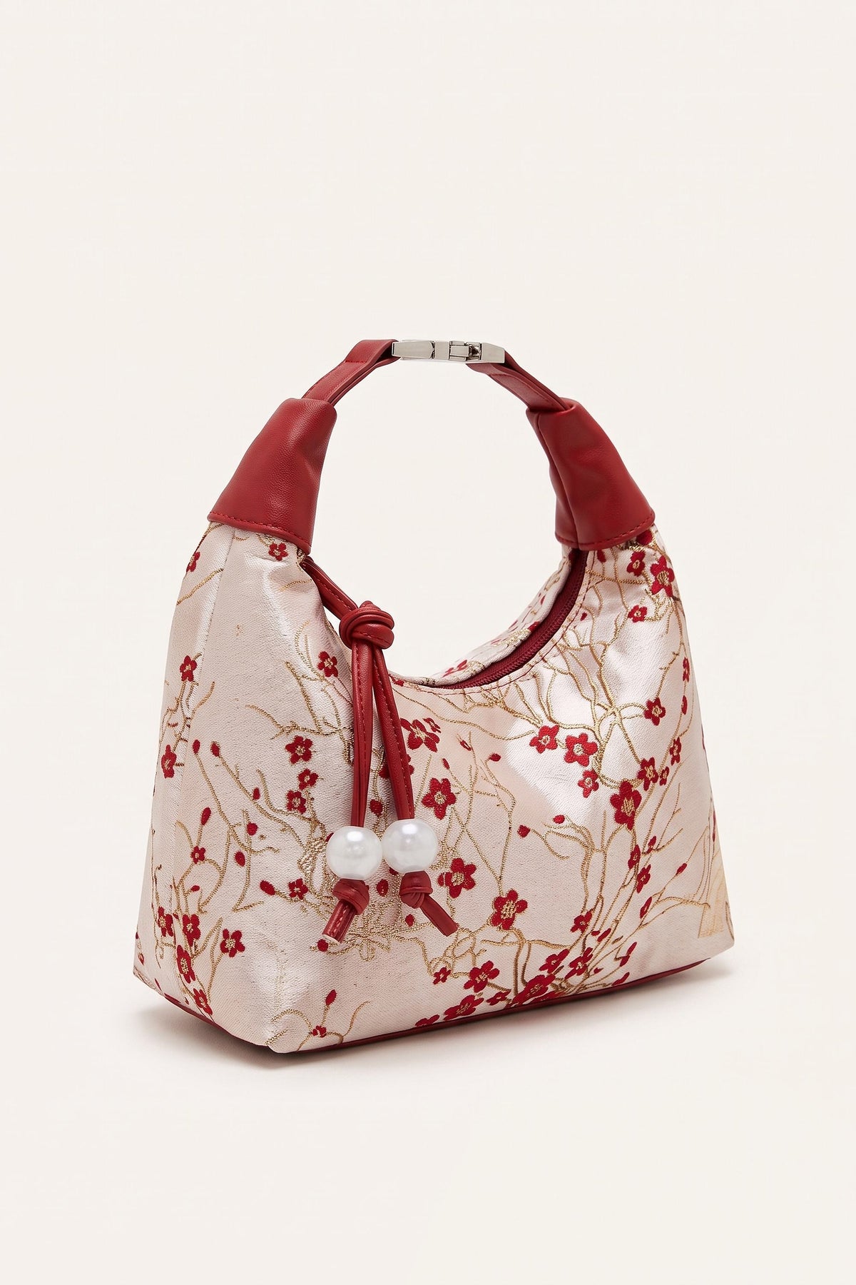 Camille blossom silk-look shoulder bag in Red — three-quarter view