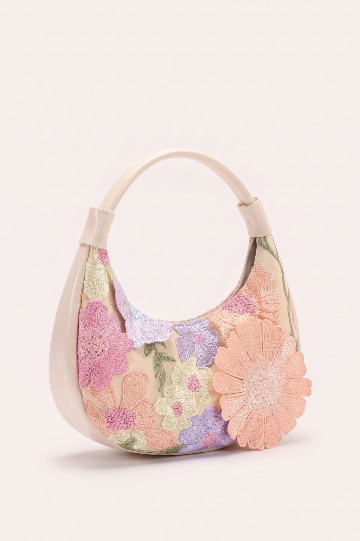 Clementine floral embroidery shoulder bag — three-quarter view