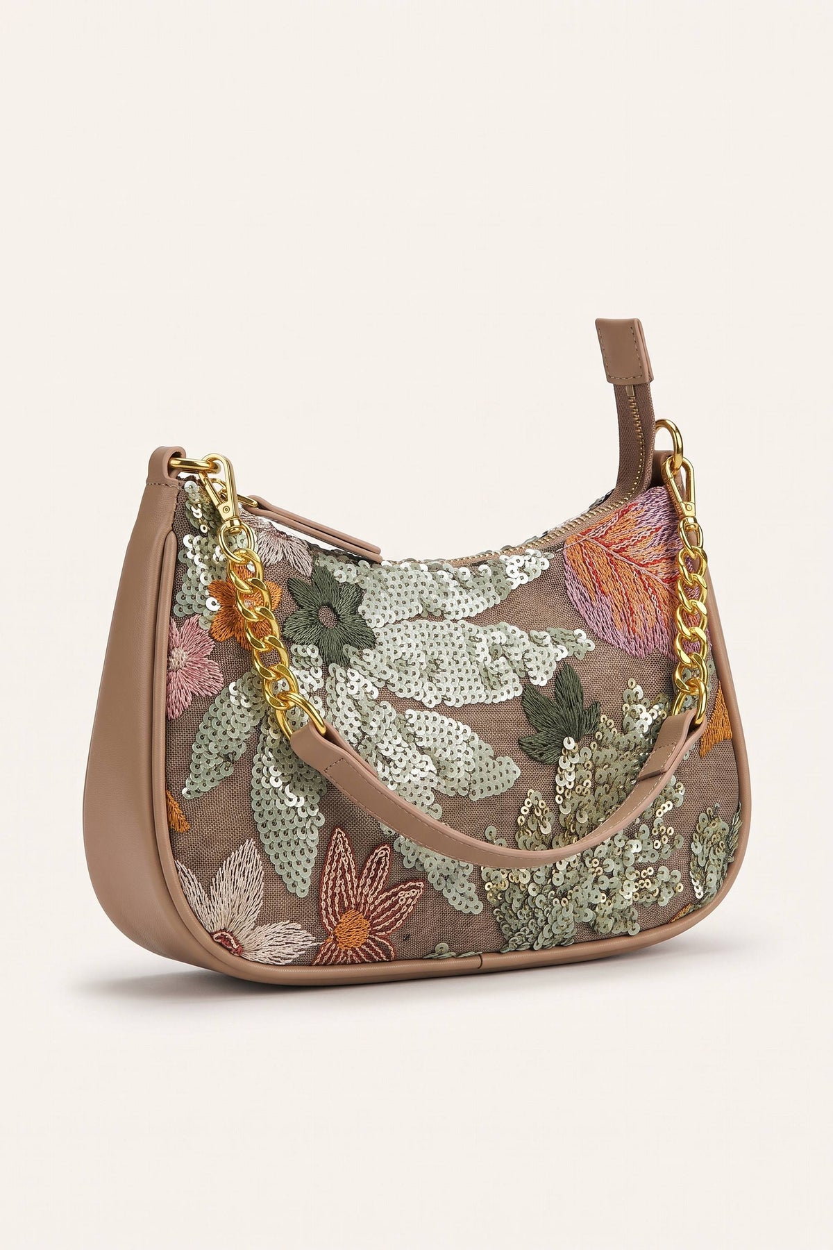 Elodie floral sequin shoulder bag in Brown — front view