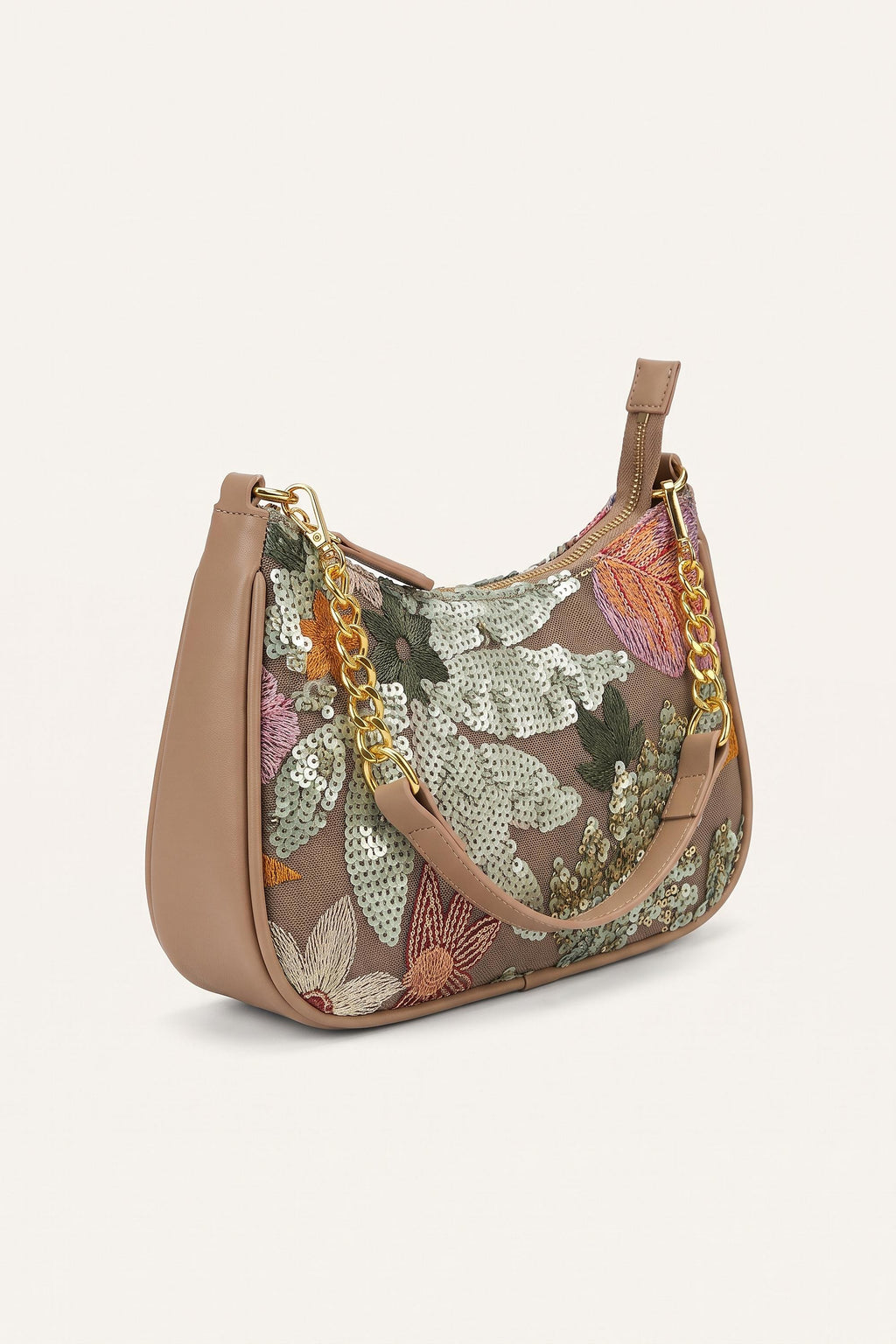 Elodie floral sequin shoulder bag in Brown — three-quarter view
