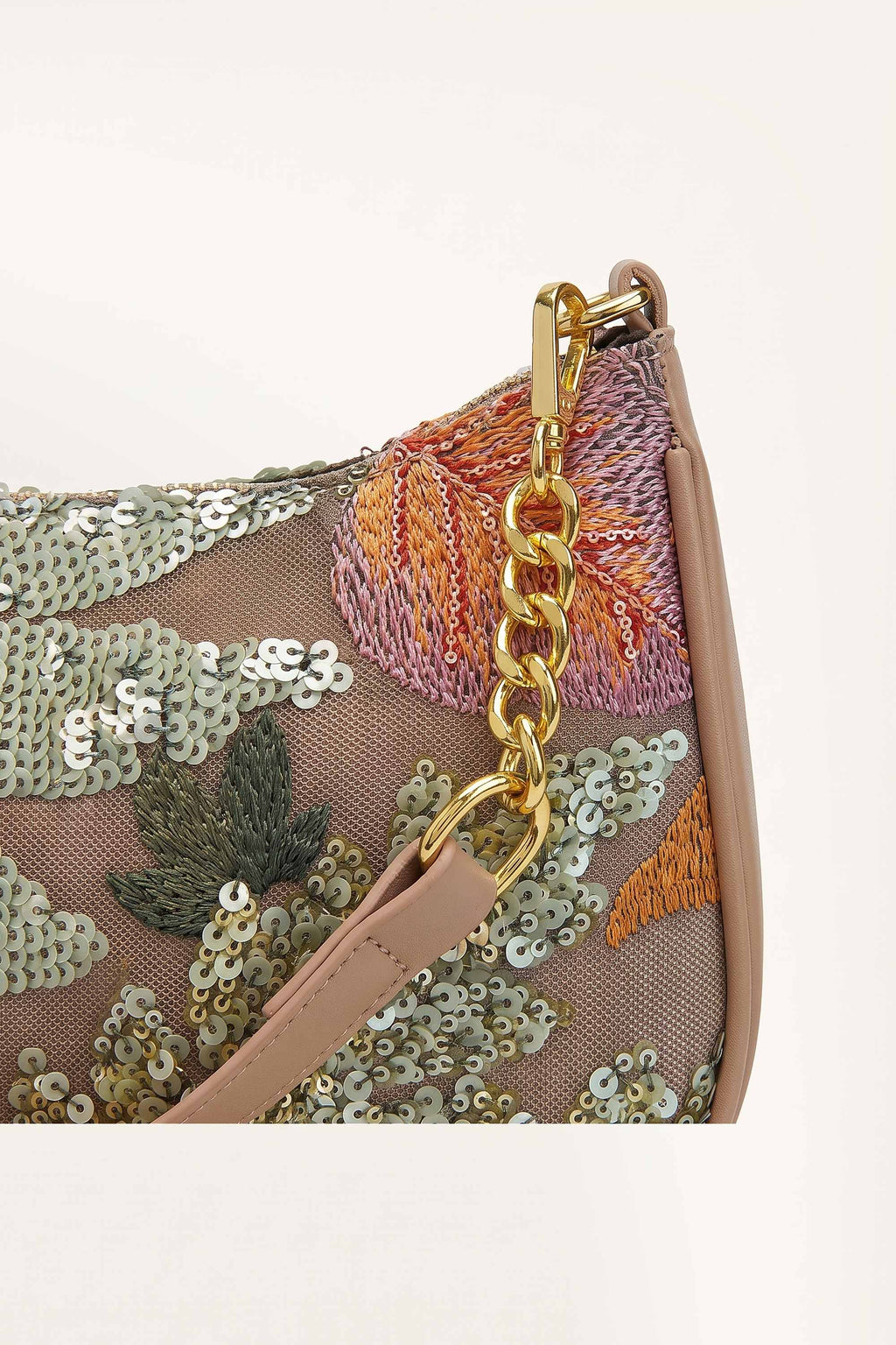 Elodie floral sequin shoulder bag in Brown — detail