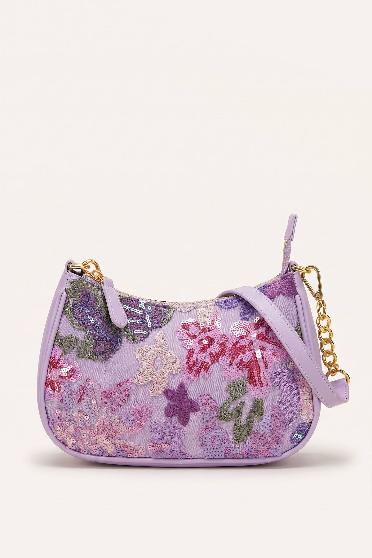 Elodie floral sequin shoulder bag in Purple — front view