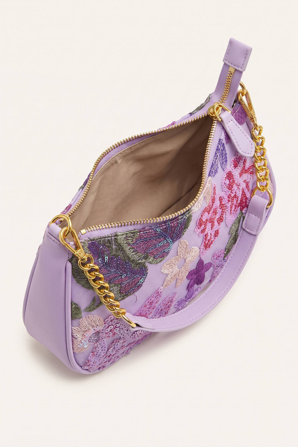 Elodie floral sequin shoulder bag in Purple — open view
