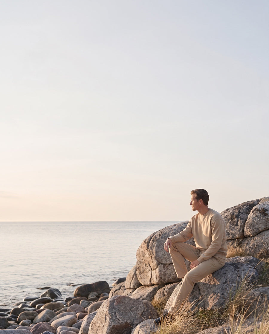 Man in a sand-coloured sweatshirt sitting on coastal rocks in evening light.