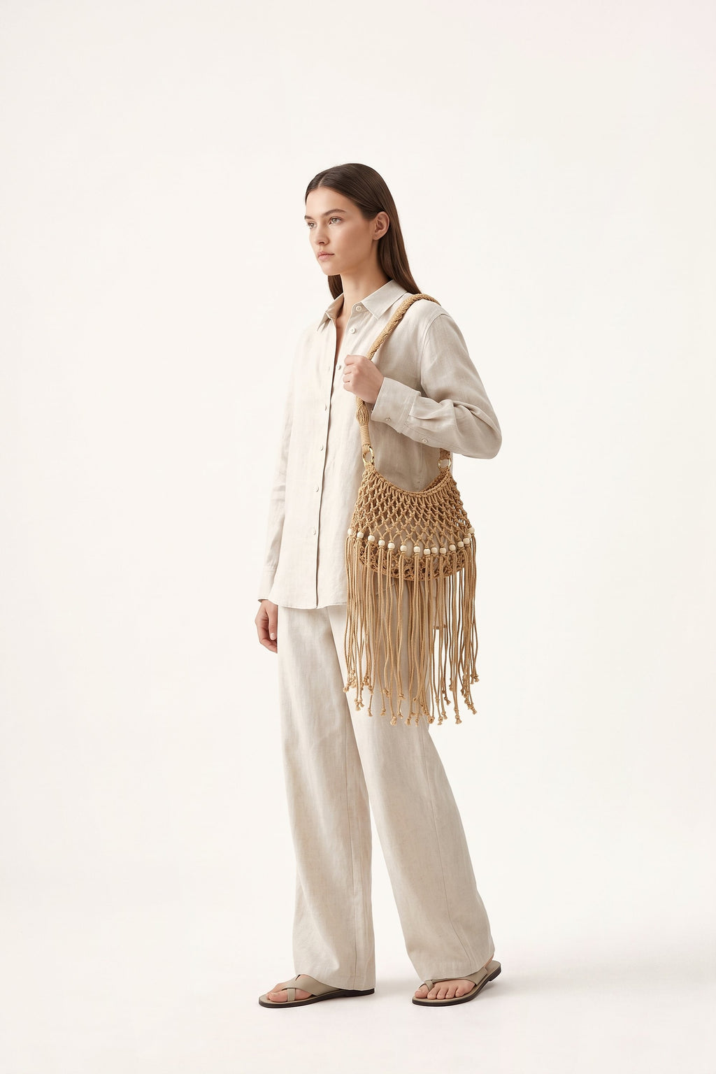 Juniper Shoulder Bag in Beige — on model