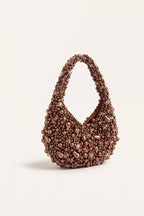Margot mocha faux-pearl shoulder bag — three-quarter view