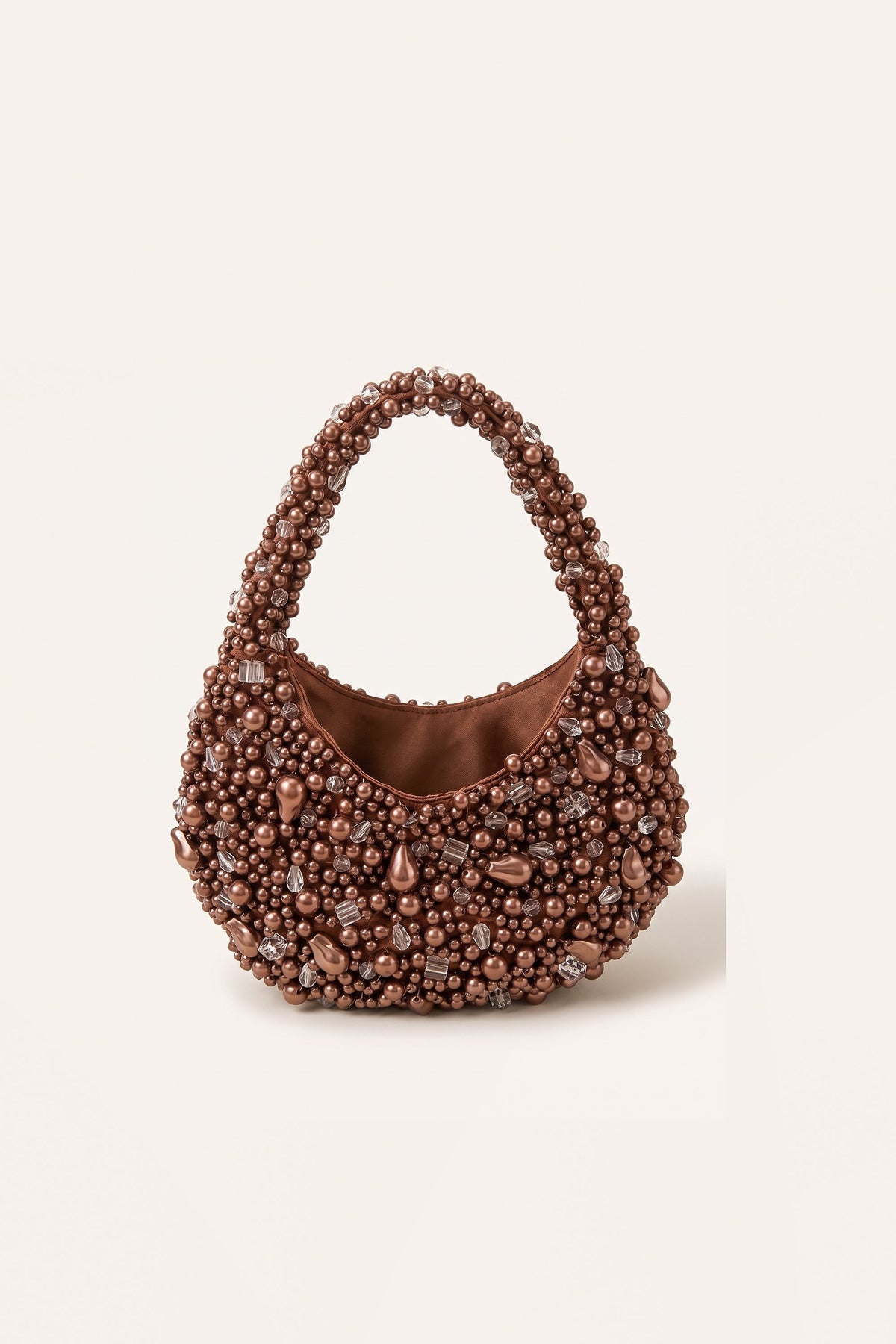 Margot mocha faux-pearl shoulder bag — open view