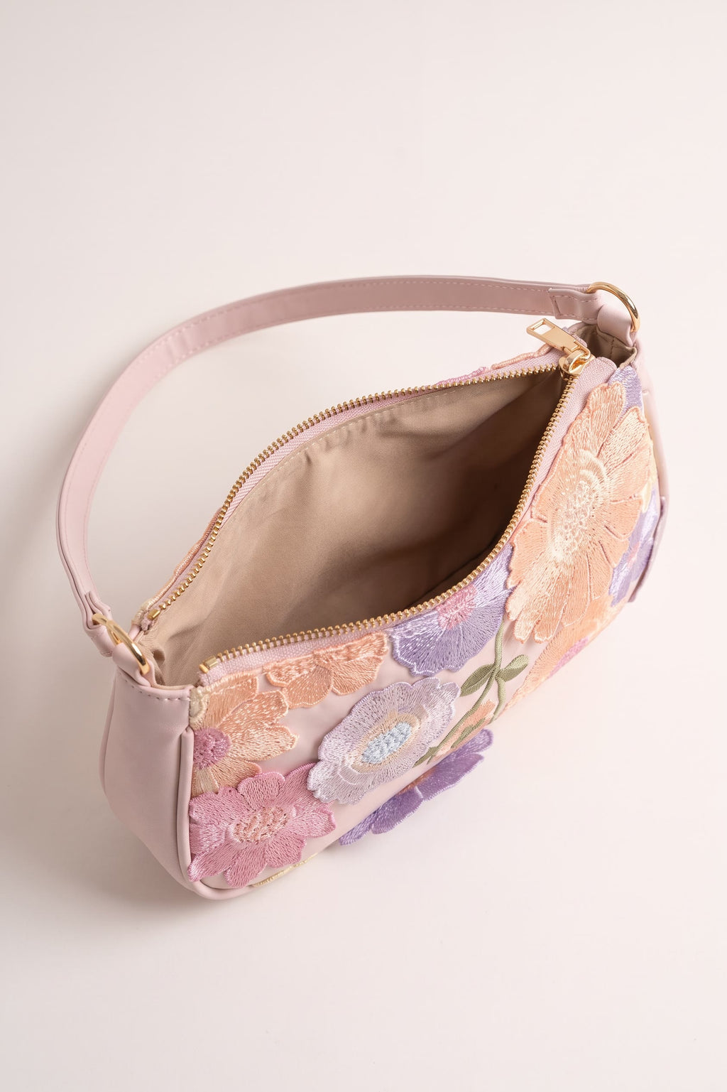 Primrose pastel floral embroidery shoulder bag in pink — open view