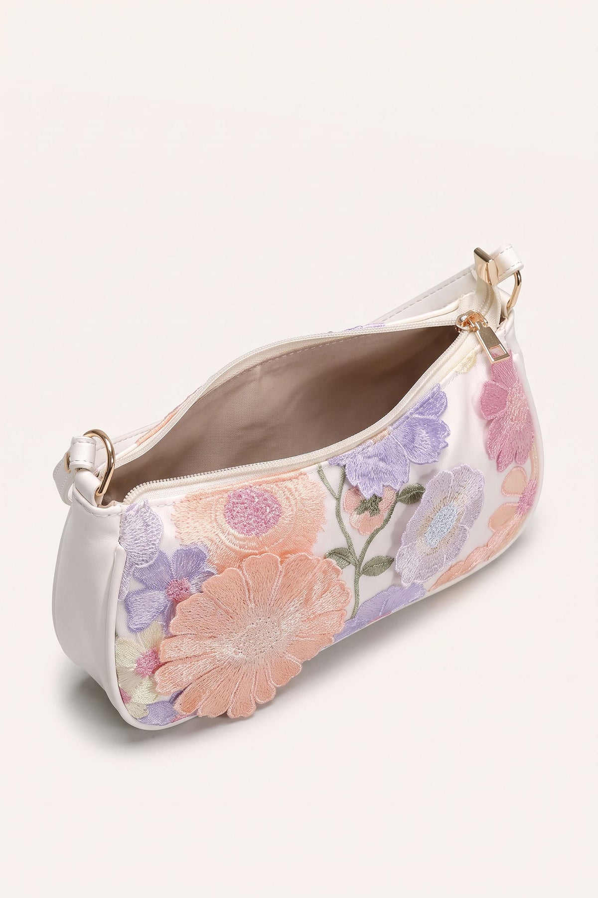 Primrose pastel floral embroidery shoulder bag in white — open view