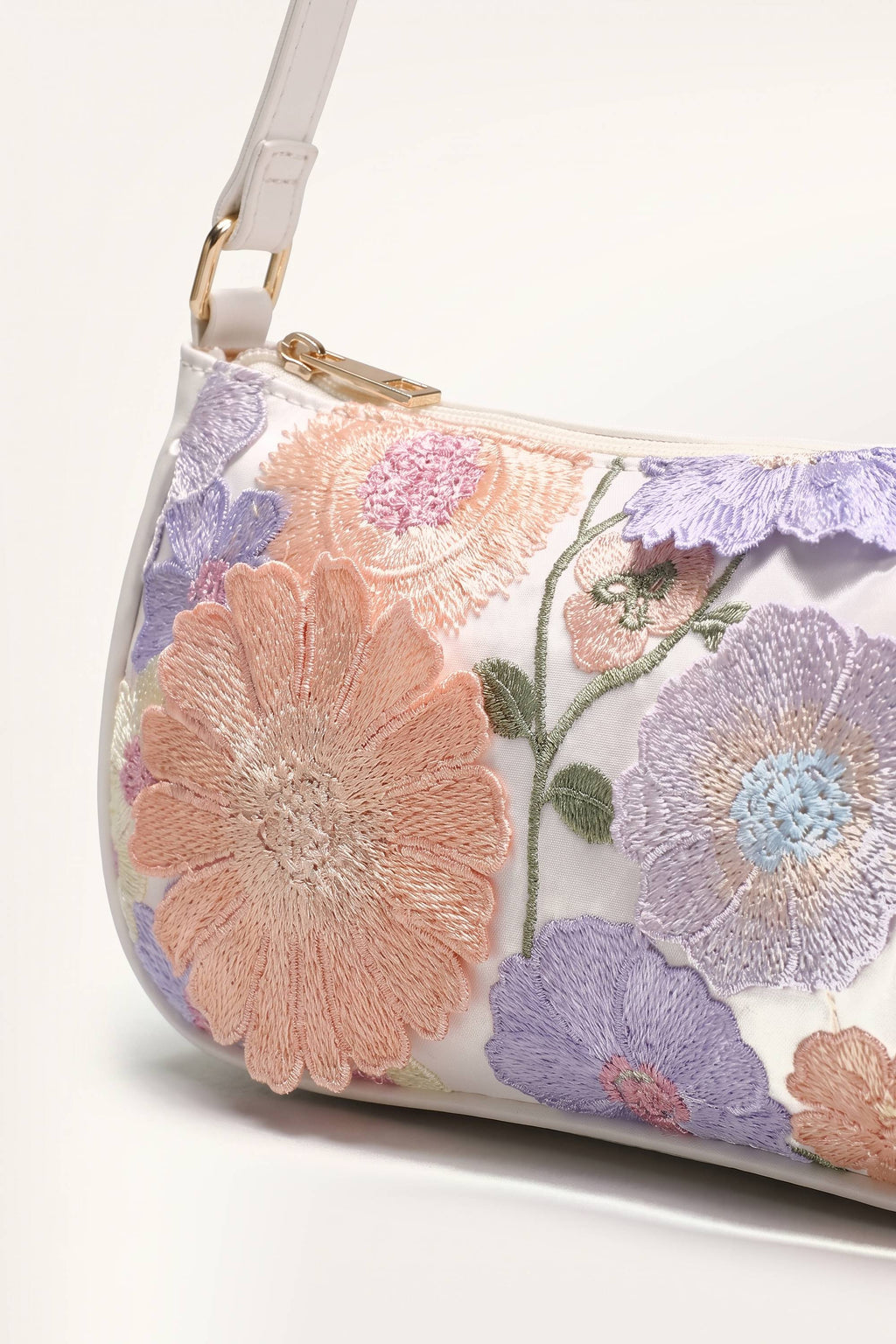 Primrose pastel floral embroidery shoulder bag in white — detail
