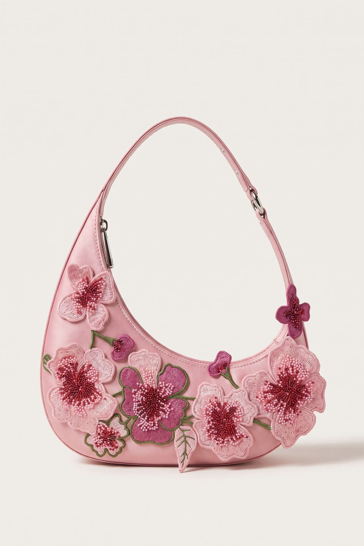 Rosalind blossom embroidery shoulder bag in pink — front view