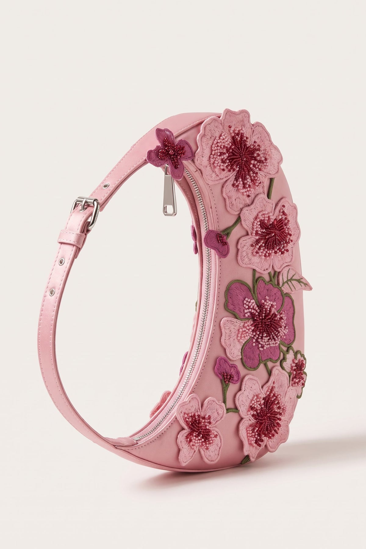 Rosalind blossom embroidery shoulder bag in pink — three-quarter view