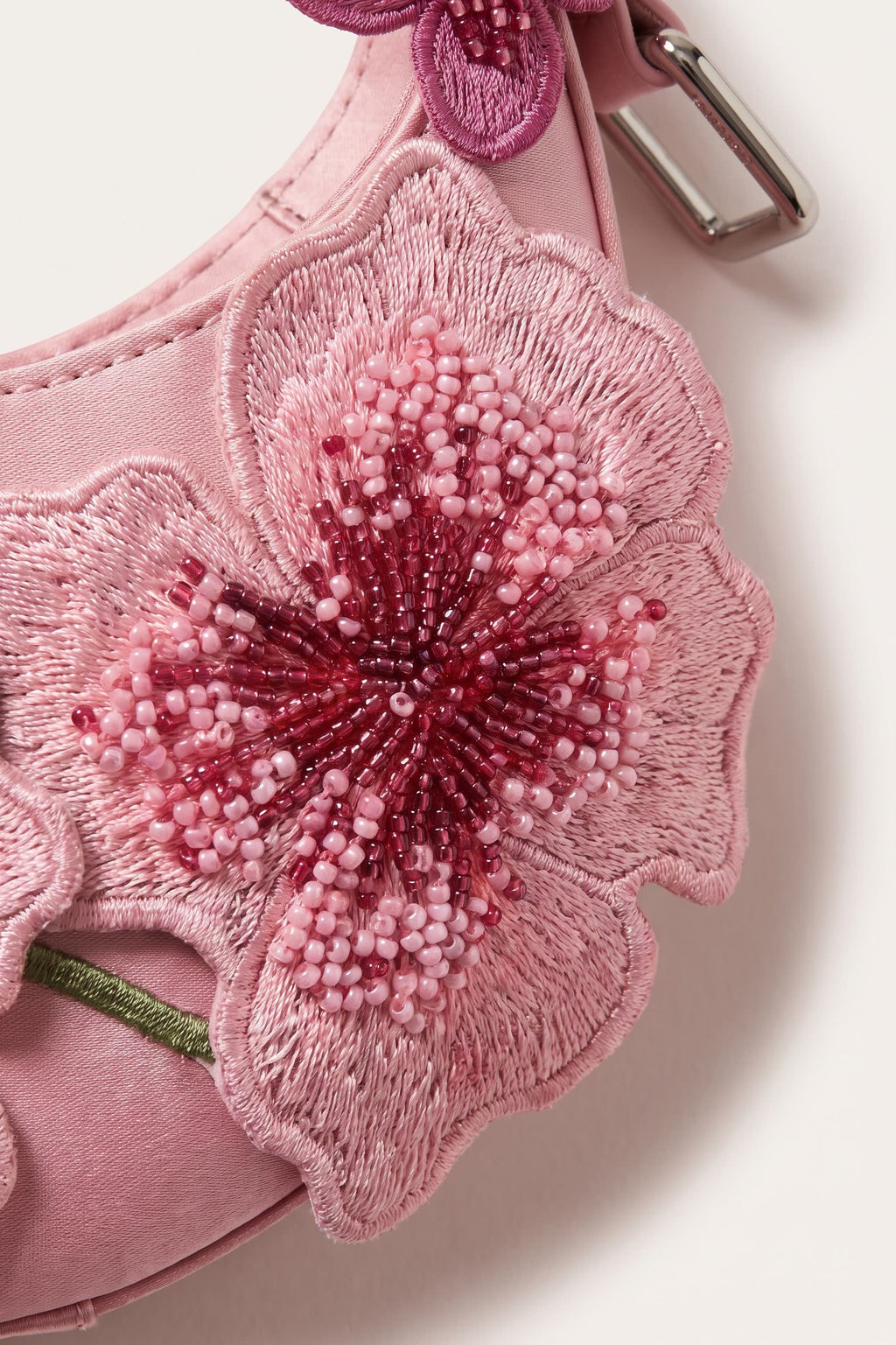 Rosalind blossom embroidery shoulder bag in pink — detail