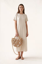 Sabine tote bag in Dark Beige — on model