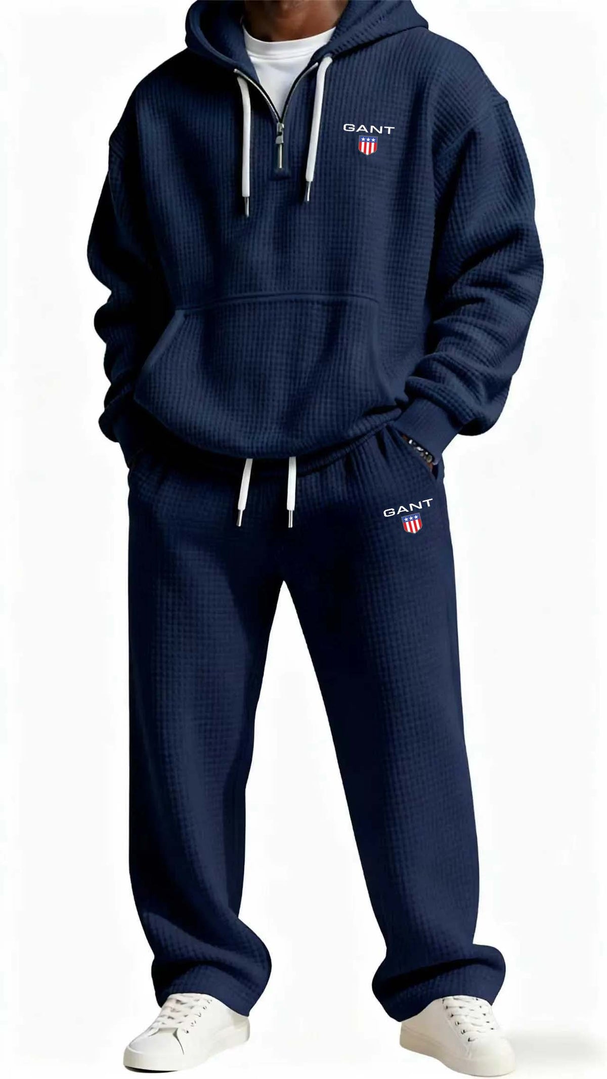 GANT® waffle-knit set in blue — front view on model