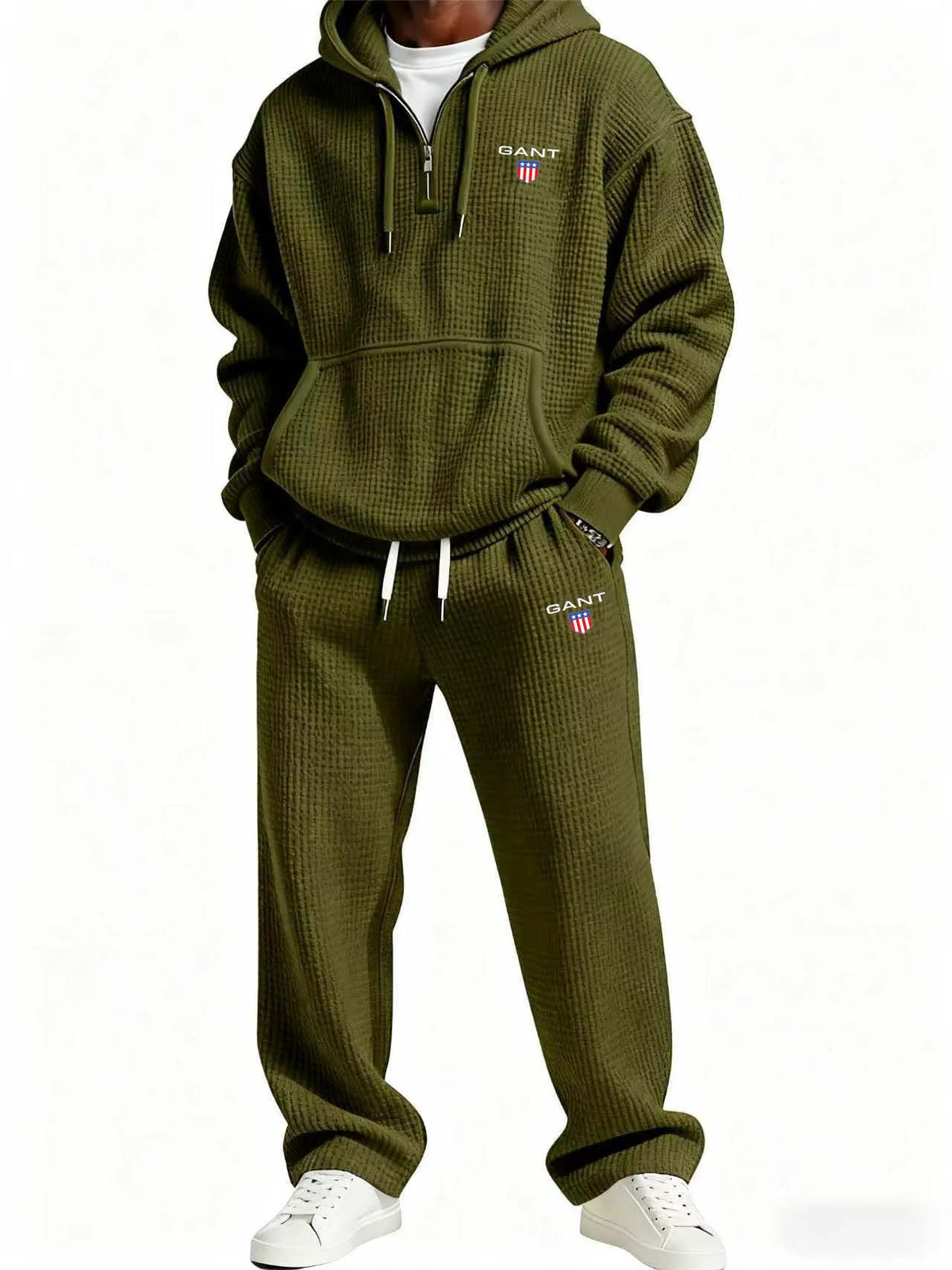GANT® waffle-knit set in green — front view on model