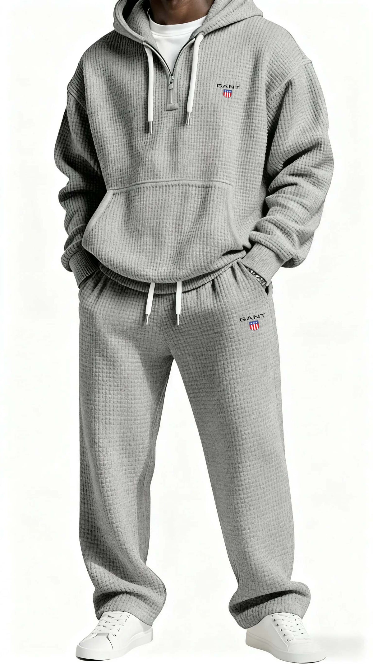 GANT® waffle-knit set in light grey — front view on model