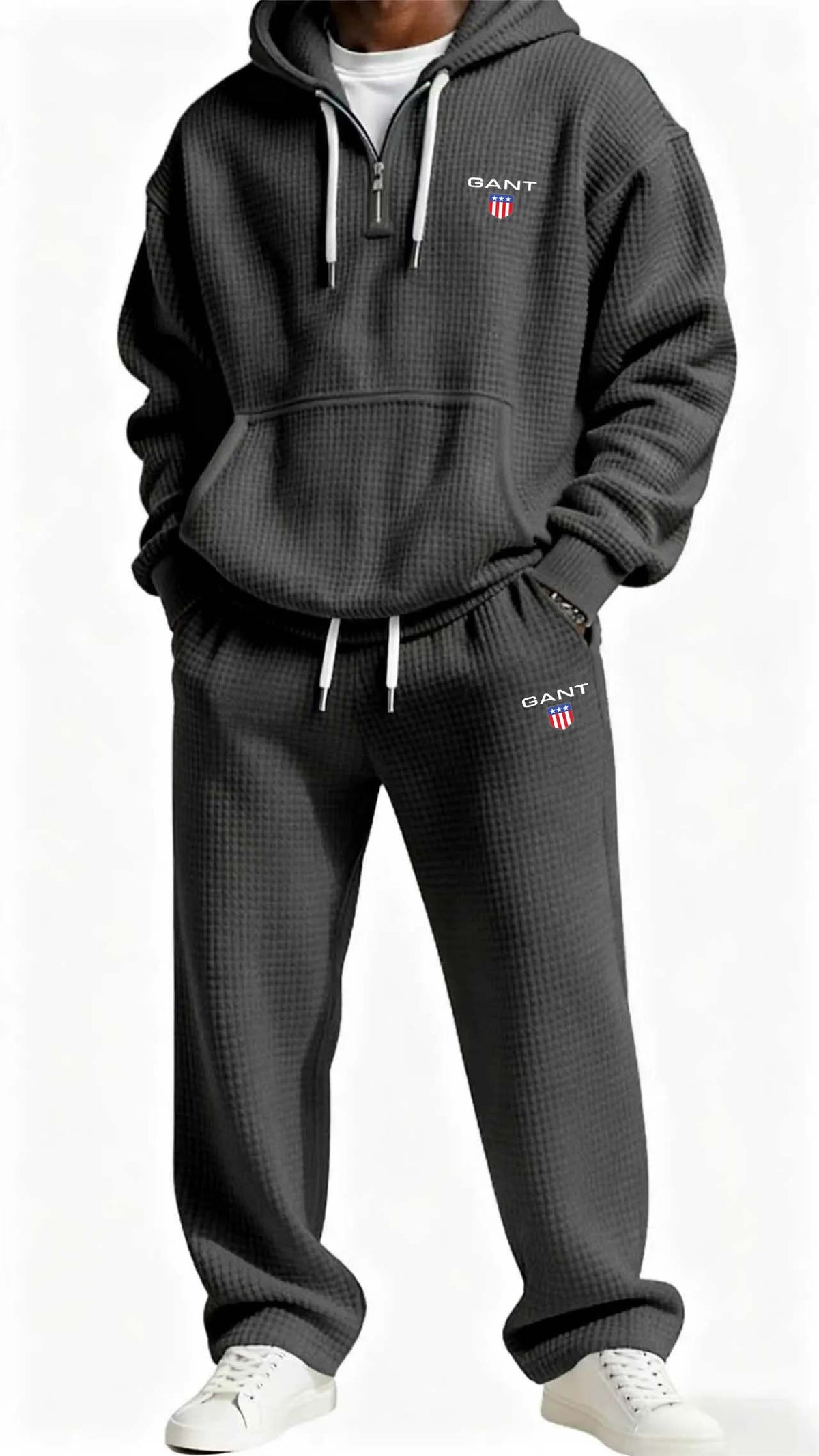 GANT® waffle-knit set in dark grey — front view on model