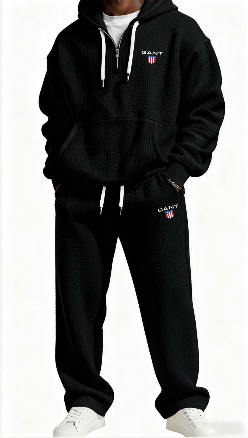 GANT® waffle-knit set in black — front view on model