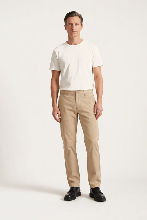 Frey chinos in sand — front view