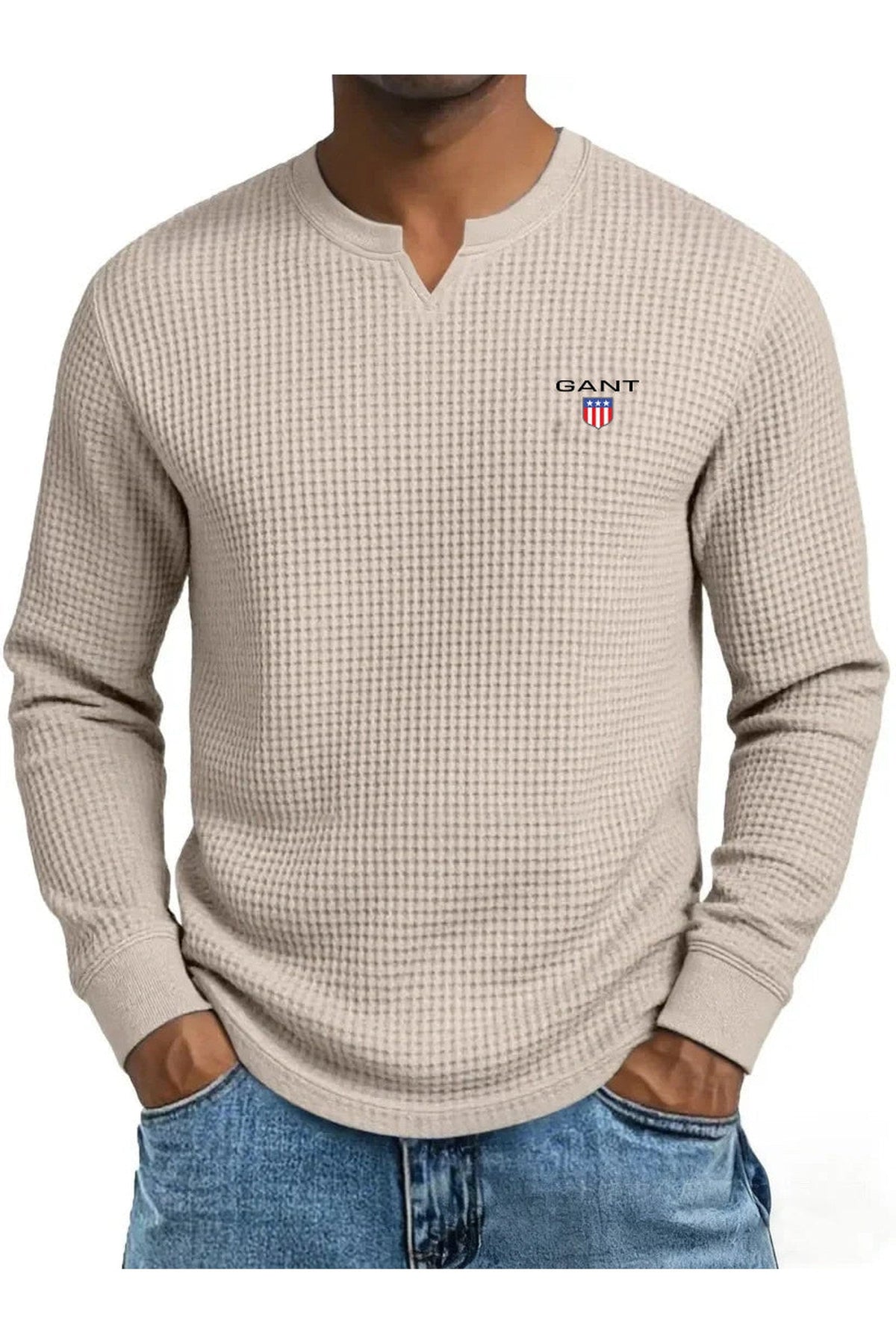 GANT® waffle-knit summer jumper in beige — front view on model