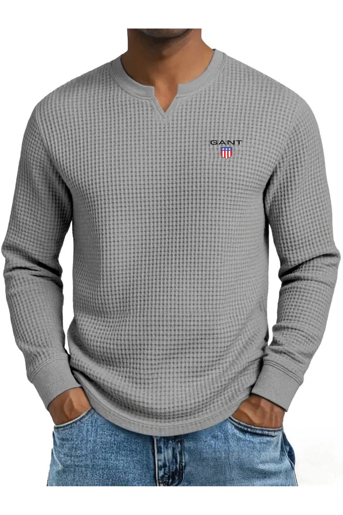 GANT® waffle-knit summer jumper in grey — front view on model