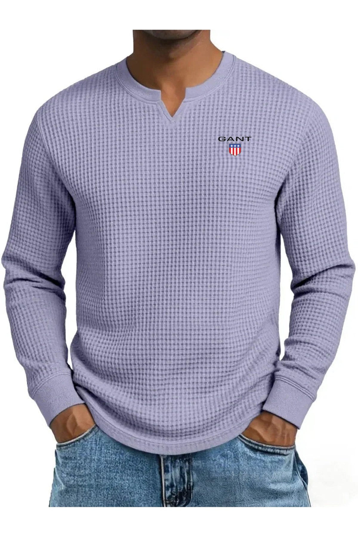 GANT® waffle-knit summer jumper in purple — front view on model