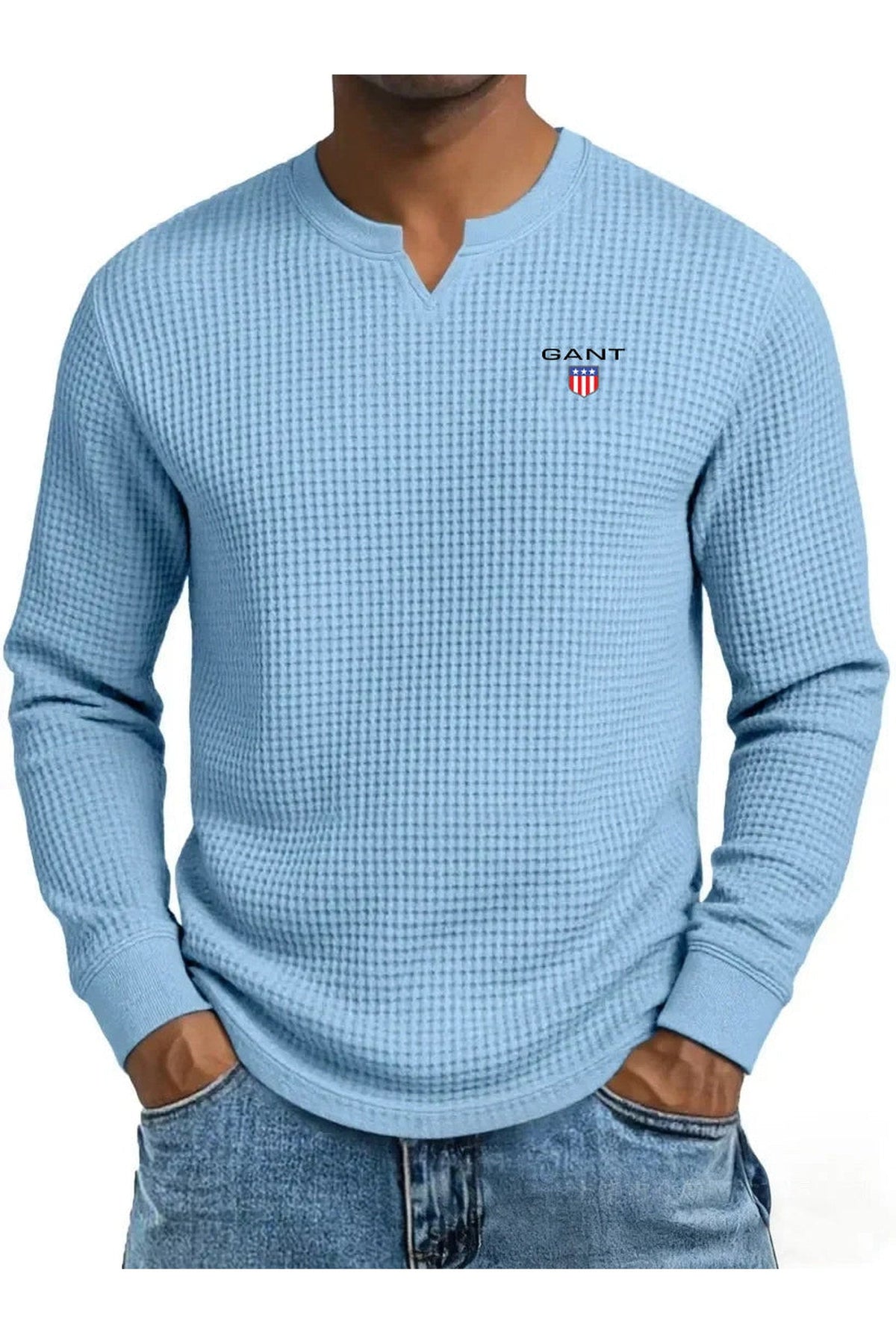 GANT® waffle-knit summer jumper in light blue — front view on model