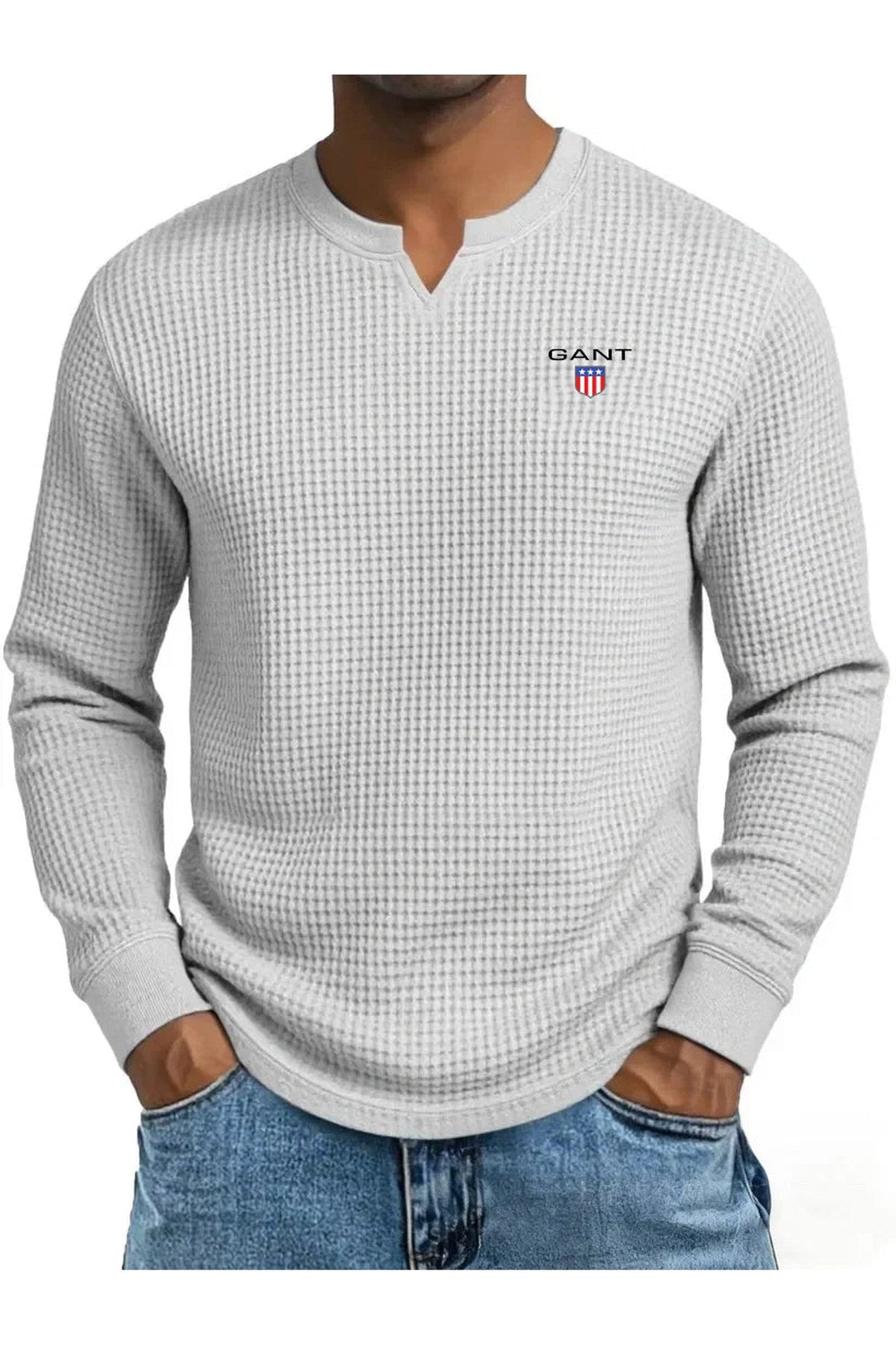 GANT® waffle-knit summer jumper in light grey — front view on model