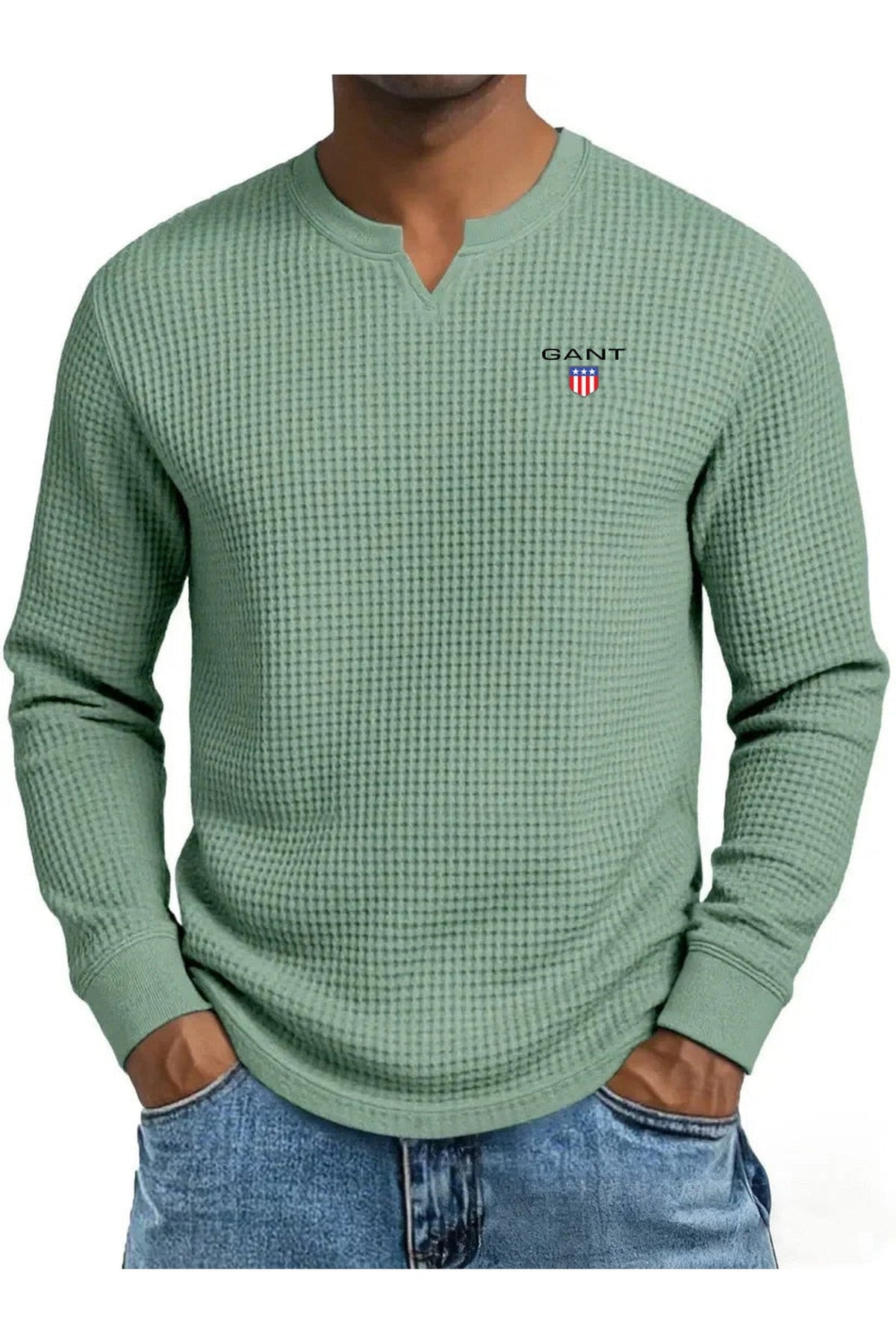 GANT® waffle-knit summer jumper in light green — front view on model