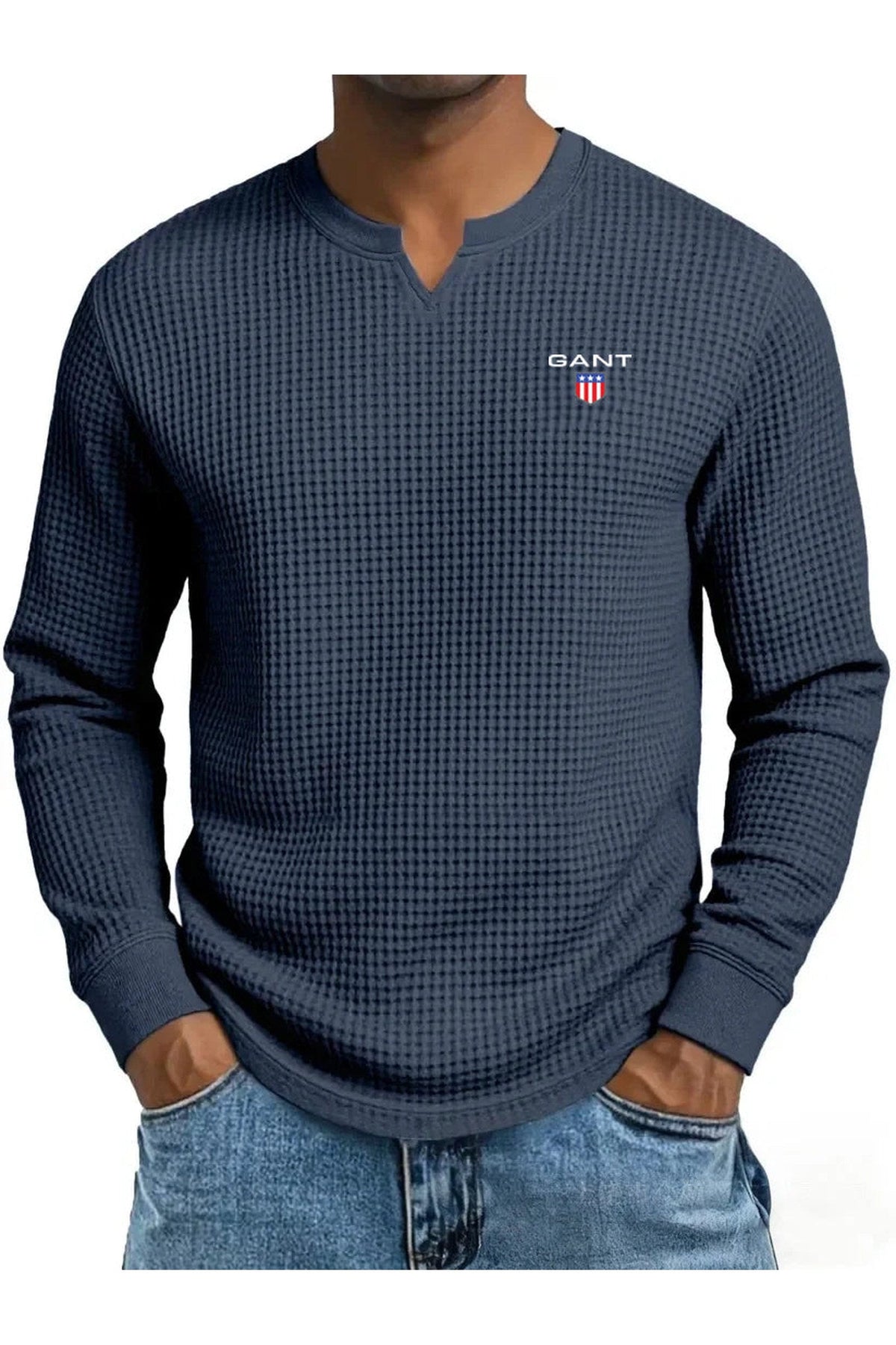 GANT® waffle-knit summer jumper in navy — front view on model