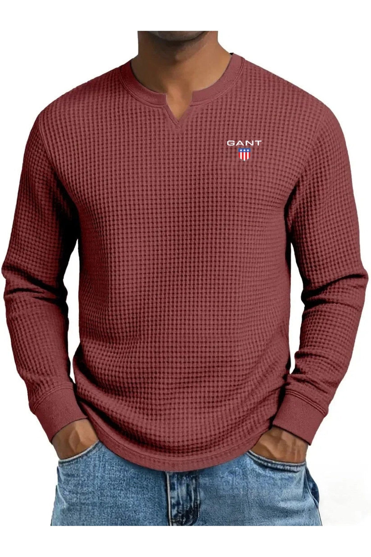 GANT® waffle-knit summer jumper in red — front view on model