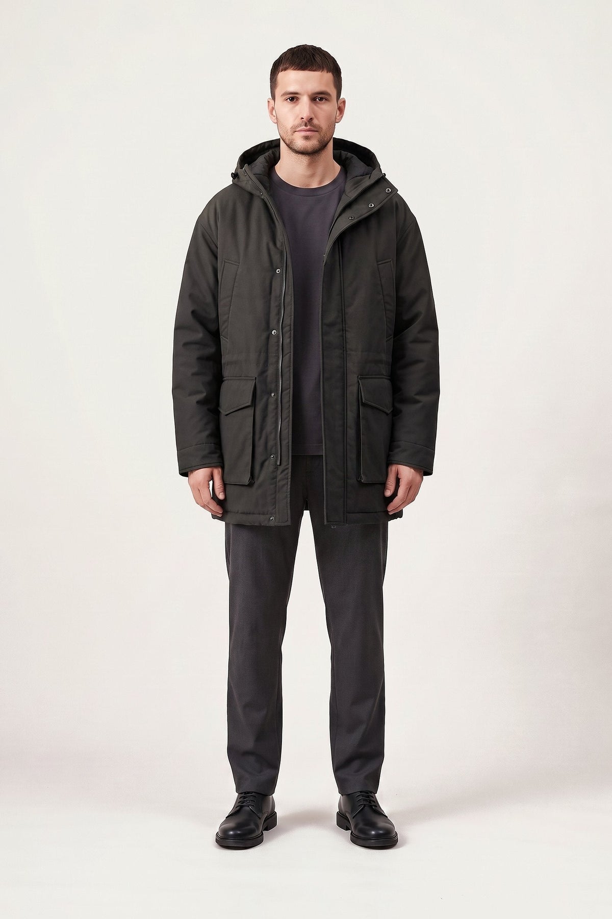Gustav parka in black — front view on model