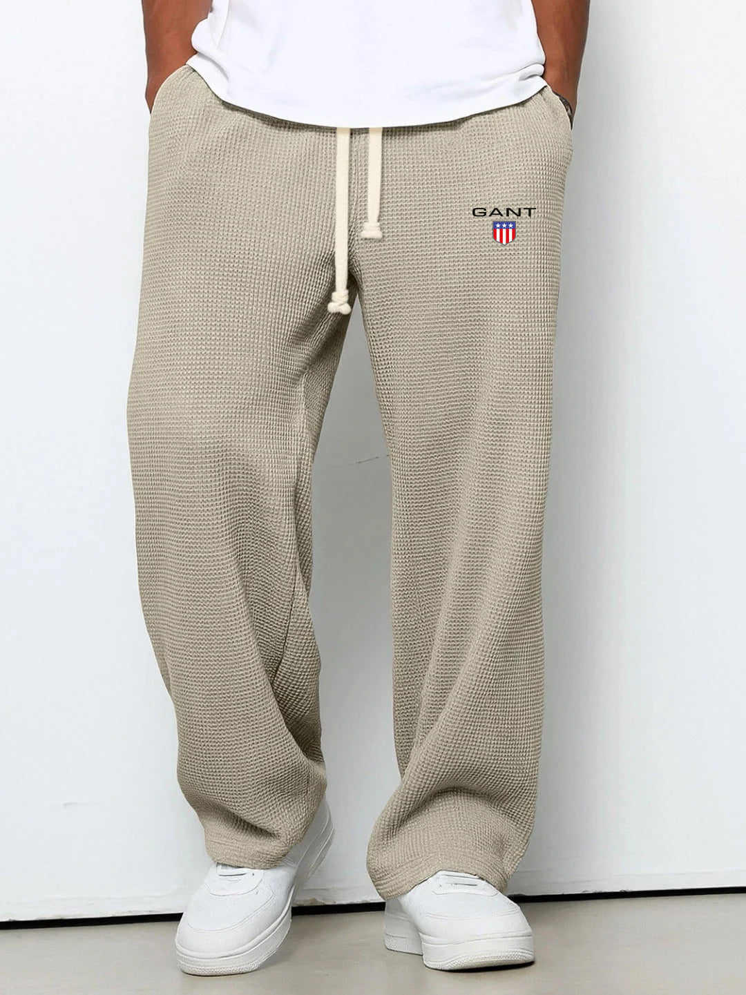 GANT® waffle-knit trousers in beige — front view on model