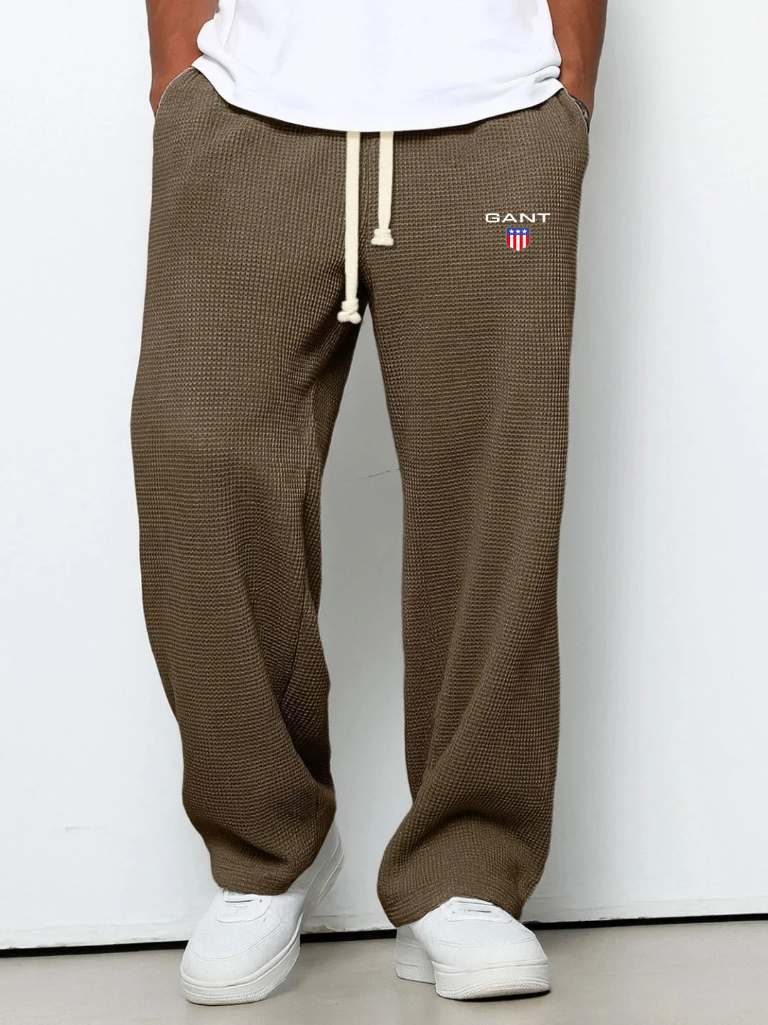 GANT® waffle-knit trousers in brown — front view on model