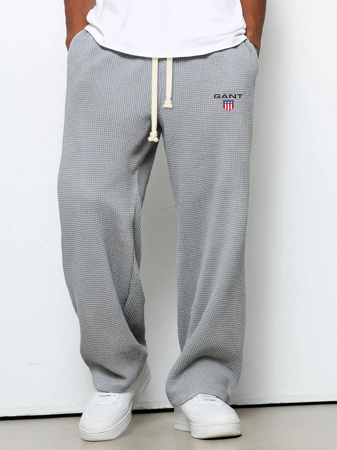 GANT® waffle-knit trousers in grey — front view on model