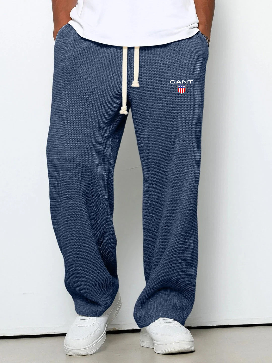 GANT® waffle-knit trousers in navy — front view on model