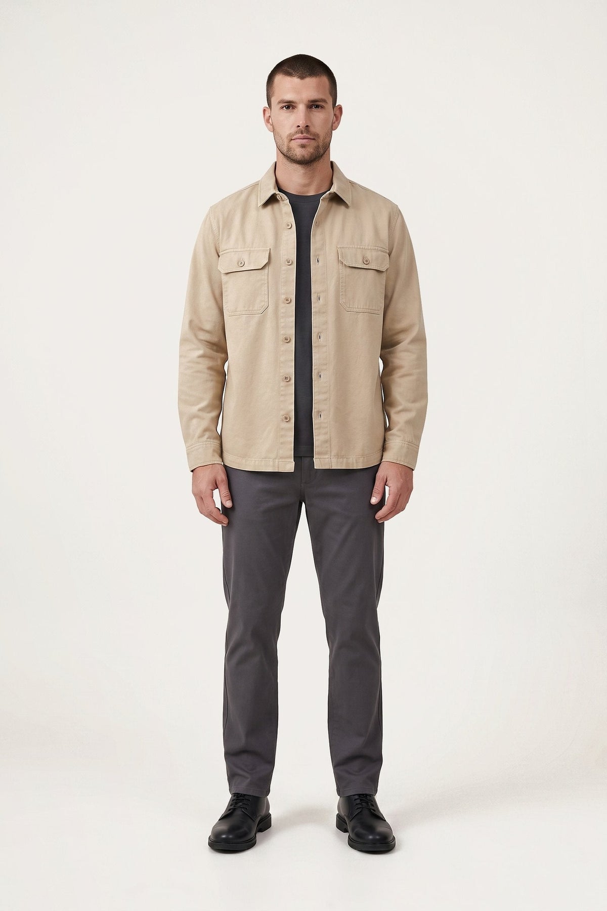 Ivar overshirt in sand — front view